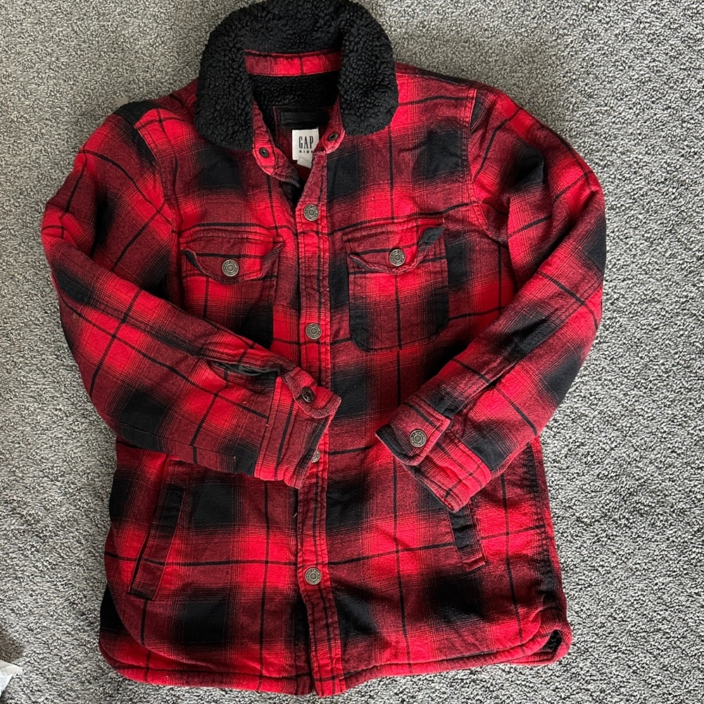 GAP Kids Red & Black Plaid Sherpa Collar Jacket